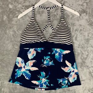 Carve Designs Dahlia Tankini Swim Top Navy Floral Stripe Womens L Strappy T-Back